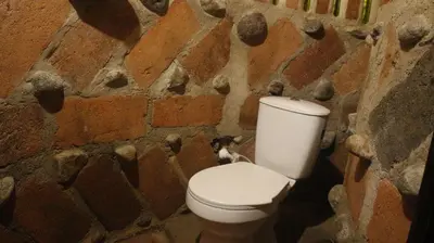 a stone bathroom with a toilet in a stone wall at hospedaje rural finca cafetera La Maloka in Jardin