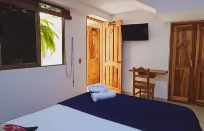 a bedroom with a bed and a window and a desk at Famy Hostal Nardo's in Jardin