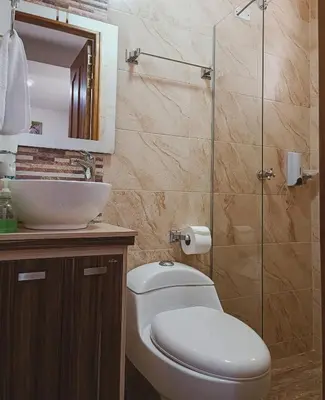 a bathroom with a toilet and a sink and a shower at Famy Hostal Nardo's in Jardin