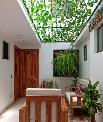 a living room with a skylight and a ceiling with plants at Famy Hostal Nardo's in Jardin