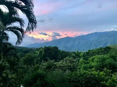 a view of a jungle with mountains in the background at Finca La Estación en Santa Fe de Antioquia in Santa Fe de Antioquia