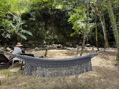 a person sitting in a hammock in a forest at Hotel Selva Cristal in San Carlos