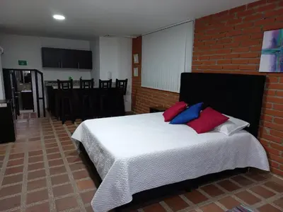 a bedroom with a bed with red and blue pillows at Apartamento amoblado en la Francia in Manizales