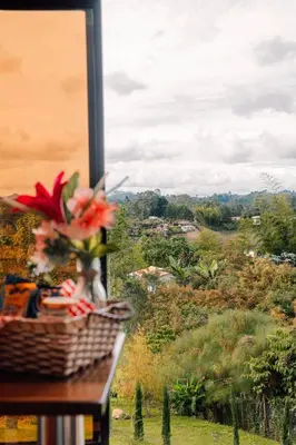 a basket of flowers sitting on a table with a view at Cabañas con jacuzzi y chimenea - Casa Floral, Marinilla in Marinilla