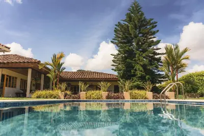 a swimming pool in front of a house with a tree at The Coffee Club Campestre in Chinchiná