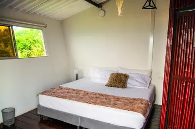 a bedroom with a bed in a room with a window at La Paloma Glamping in Palestina