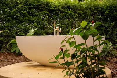 a white bowl sitting on a table next to a plant at Nativa Refugio Escondido in Santa Fe de Antioquia