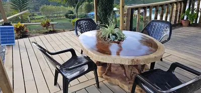 a wooden table with chairs and a potted plant on a deck at Finca El Peñol in Guatapé