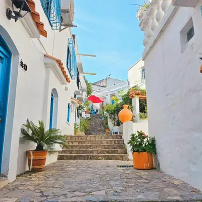 an alley with stairs and potted plants and buildings at El Santorini colombiano in Puerto Triunfo