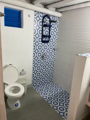 a bathroom with a toilet and a shower at Las 4 Estaciones Alojamientos de Ensueño Santorini Doradal in Puerto Triunfo