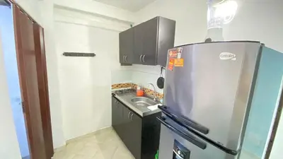 a small kitchen with a refrigerator and a sink at Cabaña Nro 80 El Portón de La Aldea in Doradal