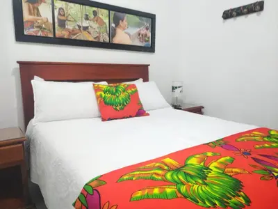 a bedroom with a bed with a red and green blanket at Etnias Hotel tematico in Quibdó
