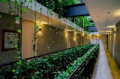 a corridor filled with plants in a building at 4 Sur Hotel in Medellín