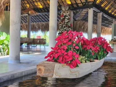 a planter with red flowers in a resort lobby at Hotel Piedra Mulata - Adults Only in Doradal