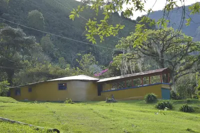 a small yellow house in a field with a hill at Cabaña La Guitarra in Betania