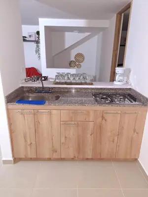 a kitchen with a sink and a counter top at Aparta Hotel Jardines de Guatape By Hope in Guatapé