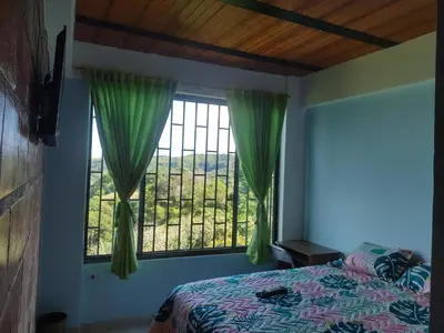 a bedroom with a bed and a window with green curtains at ApartaHotel El Balcón del Tolima in Falan