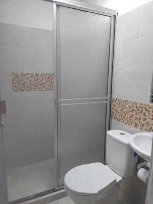 a bathroom with a shower and a toilet and a sink at ApartaHotel El Balcón del Tolima in Falan