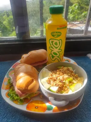 a plate of food with a sandwich and a bottle of juice at ApartaHotel El Balcón del Tolima in Falan