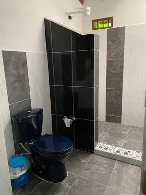 a bathroom with a black toilet and a shower at River house in Jardin