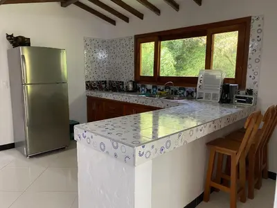a kitchen with a stainless steel refrigerator and a counter at River house in Jardin