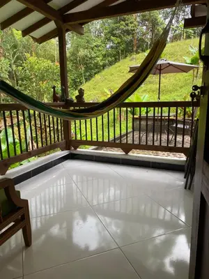 a screened in porch with a hammock on a deck at River house in Jardin