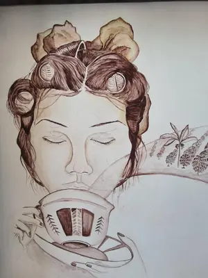 a drawing of a woman with a cup of coffee at Magic Jardín Hostel - Patio, Balcony & Rooftop in Jardin