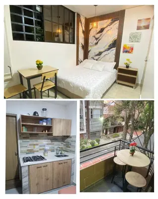 a collage of pictures of a bedroom and a bed and a table at 23 BELO APARTAMENTO CON BALCON EN LAURELES ESTADiO 2 HAB 2 BAÑOs in Medellín