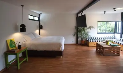 a bedroom with a bed and a couch in it at The TREE house in Envigado