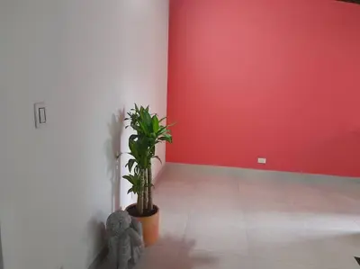 a room with a plant and a red wall at Tribu Medellin House in Medellín