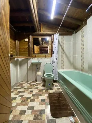 a bathroom with a green toilet and a tub at Cabaña rústica la Pradera in Guatapé