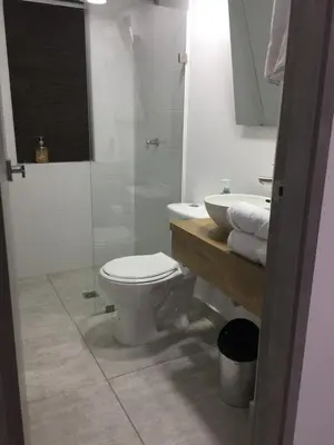 a bathroom with a toilet and a sink and a shower at Apto frente al Malecón, Ubicación fantástica, Vista in Guatapé