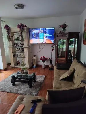 a living room with a couch and a flat screen tv at Nora's Casa de familia Laureles in Medellín