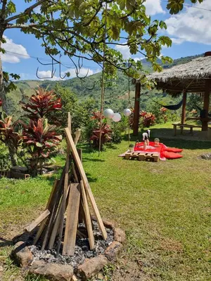 a pile of wood in the grass next to a table at Cabañas la tierra prometida in Cisneros