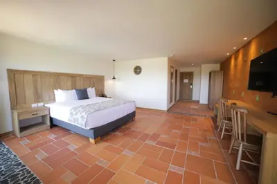 a bedroom with a bed and a television and a table at Alfahar Hotel in Carmen de Viboral