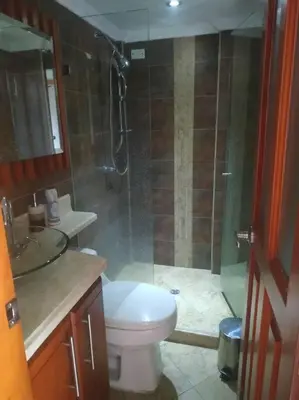 a bathroom with a shower and a toilet and a sink at Hermoso apartamento totalmente amoblado in Medellín