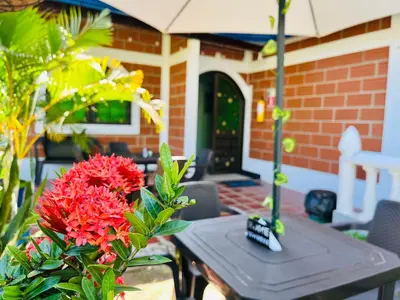 a table with red flowers on a patio at HOTEL VILLA DANIELA in Puerto Triunfo
