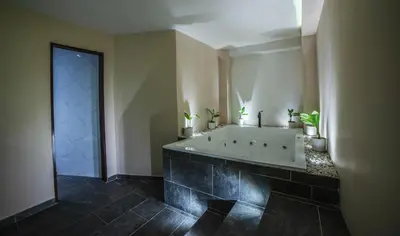 a bathroom with a tub and a large mirror at HOTEL BALI AT POBLADO in Medellín