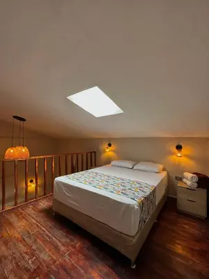 a bedroom with a large bed and a skylight at HOTEL BALI AT POBLADO in Medellín