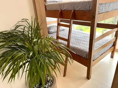 a room with a bunk bed and two potted plants at Espectacular vista cerca a cable plaza con Piscina in Manizales