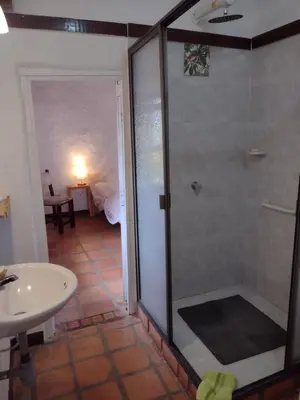 a bathroom with a shower and a sink at Finca Emilio in Fredonia