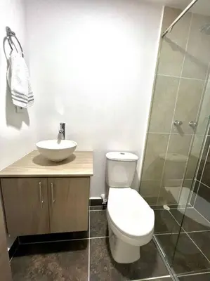 a bathroom with a toilet and a sink and a shower at Bonito apartaestudio /manizales in Manizales