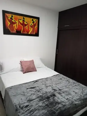 a bedroom with a bed and a painting on the wall at Lindo y acogedor apto cerca Mall Hospitales U Autónoma in Manizales