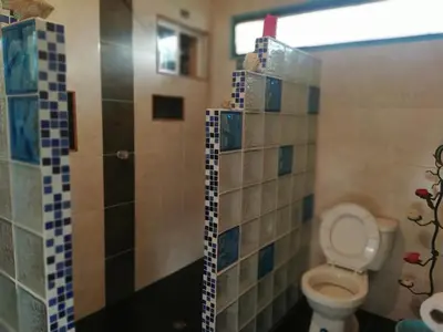 a bathroom with a toilet and a tiled shower at Cabaña Luna Verde in San Vicente